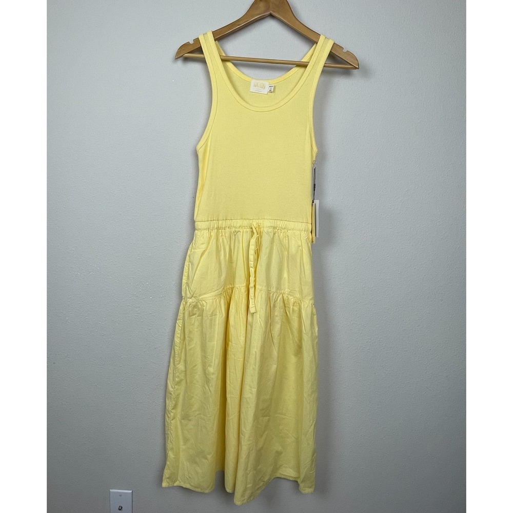 NWT Nation LTD Fannie Midi Dress Women's Sz S Yellow Cotton Sleeveless Pockets